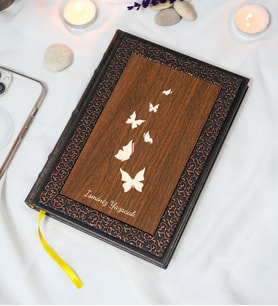 Kişiye Özel Kelebek Desenli Termo Deri + Ahşap Anı Defteri - Çizgili Defter - Hediyelik (15x21 cm - 320 Sayfa) A5