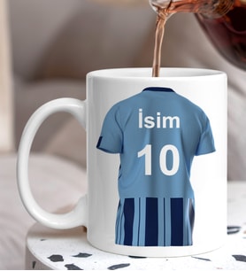 Kişiye Özel Mavi Bordo Taraftar Forma Numarası Ve İsim Tasarımlı Baskılı Kupa Bardak