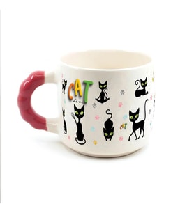 Cat Love Baskılı Kırmızı Kulplu Boncuk Kupa