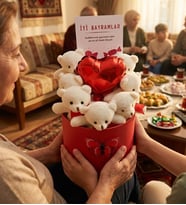 Bayram Hediyesi 7’li Peluş Ayıcık Buketi – Kalpli Balonlu Hediye Kutusu  Sevgiliye, Aileye, Eşe, Anneye Hediye Bayram Özel (Kırmızı)