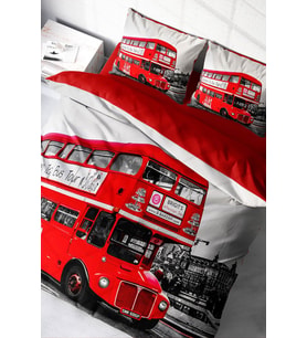 Lastikli Çarşaflı %100 Pamuk Saten Çift Kişilik Nevresim Takımı London Bus