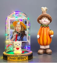 Kişiye Özel Fotoğraflı Yazılı Renkli Led Işıklı Fanus ve Bal Kabağı Biblosu (Model 1)