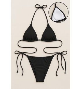 Kadın Siyah Yandan ve Boyundan Bağlamalı Bikini Mayo Takımı