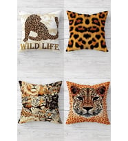 Leopar Desenli Kombin Gizli Fermuarlı Kırlent Kılıfı Koltuk Yastık Kılıfı Takım(4adet) (Kahverengi)