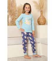 Kız Çocuk %100 Pamuk İnterlok Kumaş Pijama Takımı 6-15 Yaş 12421 MODANINO (Açık Mavi)