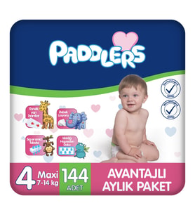 Paddlers Bebek Bezi 4 Numara Maxi (7-14 Kg) 144 Adet – Aylık Paket