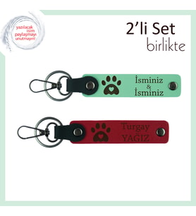 Pati Figürlü Kalpli 2’li Deri Set, İsme Özel Kişisel Anahtarlık, Sevimli Hediye, A Yeşil-Kırmızı