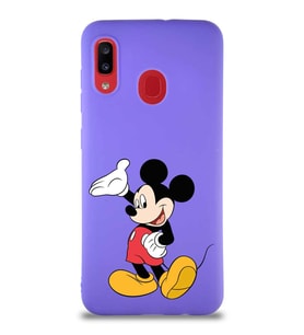 Samsung Galaxy A20 Soft Premier Kapak Mickey Mouse-C Tasarımlı Silikon Kılıf - Mor (Şeffaf)