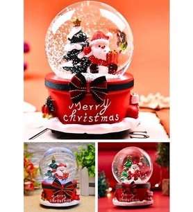 Yeni Yıl Noel Baba ve Çam Ağacı Temalı Kar Küresi 13 CM Yılbaşı Noel Baba Işıklı Müzikli Kar Küresi