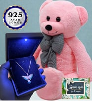 80 cm Pembe Peluş Ayıcık ve Işıklı Kutusunda 925 Ayar Gümüş Kolye (Model 2)