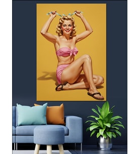 Gülümseyen Pembe Mayolu Pin-Up Kızı Dekoratif Kanvas - Mdf Ahşap Tablo