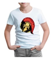 A Spartan Warrior Helmet on a Circular Background Beyaz Çocuk Tshirt