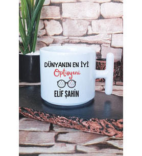 Dünyanın En İyi Optisyeni Baskılı Kişiye Özel Optisyen Hediyelik T Kulplu Latte Fincanı Kupa Bardak