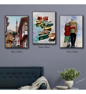 köy evleri cami yaşlı çift sahil kasabası tablosu 3 adet 35cmx50cm kumaş baskılı canvas tablo