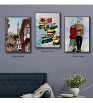 köy evleri cami yaşlı çift sahil kasabası tablosu 3 adet 35cmx50cm kumaş baskılı canvas tablo