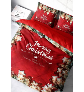 Yılbaşı Nevresim Takım %100 Doğal Pamuk Merry Christmas Çift Kişilik Red Stars