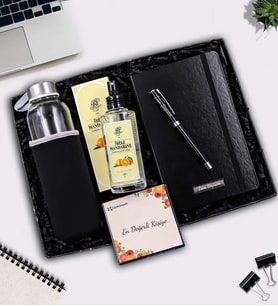 Kişiye Özel Siyah Defter & Siyah Özel Kılıflı 500Ml Su Matarası &  Rebul Mandalina Kolonya & Kalın Siyah Touch Pen Hediye Seti
