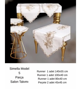 Simella Model Krem-Kapiçino Çeyizlik Nakış İşlemeli Masa Örtüsü Runner Seti Salon Takımı