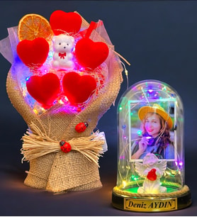Size Özel Renkli Led Işıklı Fanus ve Renkli Led Işıklı Kalp Buketi Hediye Seti (Model 7)