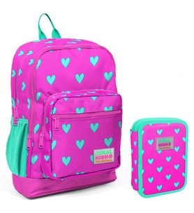 Coral High Yeşil Pembe Kalp Desenli Kız Çocuk Okul Çantası ve Organizer Kalemlik Seti 23113 11133