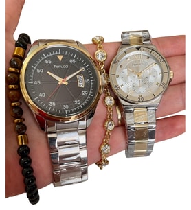 FERRUCCİ Spor Model Çelik Kordon Sevgili Çift Kol Saati+Bileklik (Gümüş - Altın)