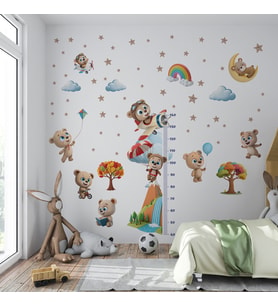 Sevimli Ayıcık Temalı Boy Ölçerli Duvar Sticker Seti Sökülebilir, Mat Yüzey, Çocuk Odası