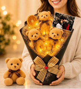 Kişiye Özel Fotoğraflı LED Işıklı Büyük Boy Kahve Ayıcık Buketi & Peluş Anahtarlık Seti