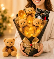 Kişiye Özel Fotoğraflı LED Işıklı Büyük Boy Kahve Ayıcık Buketi & Peluş Anahtarlık Seti