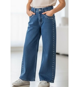 Breeze Kız Çocuk Jean Pantolon Damla Taş Aksesuarlı 10-14 Yaş, Mavi