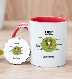 Kişiye Özel Akrep Burcuna Hediye Kırmızı Kupa Bardak ve Anahtarlık