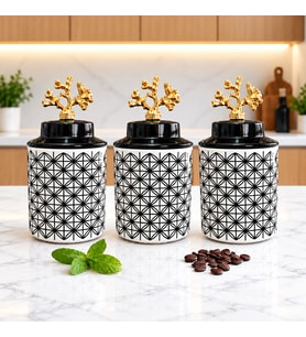 Baharatlık Silindir Seramik Büyük Boy Kapaklı 3 lü Kahve Köşesi Seti Lonca Desen 750 ml Hacimli Gold