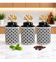 Baharatlık Silindir Seramik Büyük Boy Kapaklı 3 lü Kahve Köşesi Seti Lonca Desen 750 ml Hacimli Gold