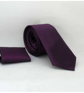 Koyu Mor Slim Fit (ince) Düz Renk Mendilli Saten Kravat - SS-21 (Renksiz)