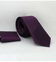 Koyu Mor Slim Fit (ince) Düz Renk Mendilli Saten Kravat - SS-21 (Renksiz)