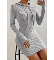 Merry See Uzun Kollu Kapşonlu Mini Elbise (Gri)