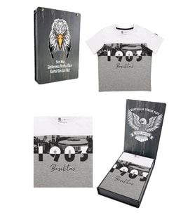 Beşiktaş Orijinal Çocuk T-Shirt Hediyelik Ahşap Kutulu (Gri-Beyaz)