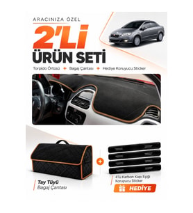 FIAT LİNEA URBAN (2015-2021) Uyumlu Torpido Örtüsü + Tay Tüyü Bagaj Çantası + Sticker Seti - Siyah Kahverengi