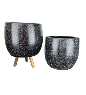 Bitki Tasarımı Siyah Granit Toprak Saksı Saksılık Salon Çiçeklik İkili Set Ayaksız - 3 Ayaklı- 19 CM