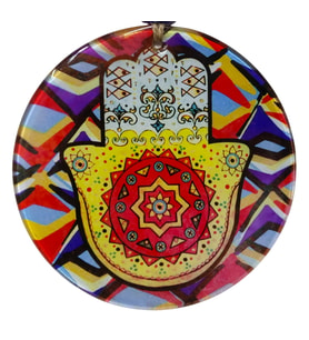 Renkli Geometrik Desenli Cam Hamsa Eli - Nazarlık Ev Hediyesi (16 cm) (Çok Renkli)