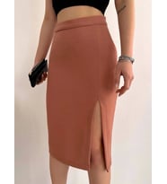 Uzun midi boy yırtmaçlı etek somon s24907