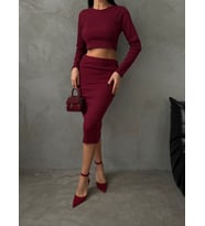 Kadın Uzun Kollu Bisiklet Yaka Crop Ve Midi Boy Kaşkorse Kumaş Etek Ikili Takım (Bordo)