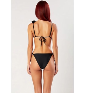 Kadın Bikini Takımı Üçgen Kap Balensiz Aplike Detay İnce Askılı Bağlamalı Normal Bel Slip Örme