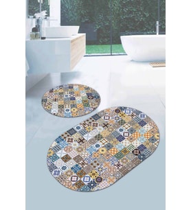 Mavi Çini Desenli Banyo Halısı Klozet Oval Paspas Seti BS084