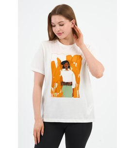 BASKILI BİSİKLET YAKA T-SHIRT (A21-10520) (Ekru)