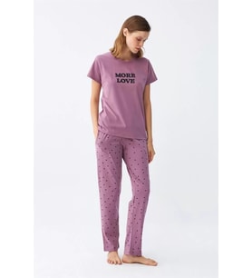 Kadın Mor Yıldız Desenli Penye Kısa Kol Pijama Takımı