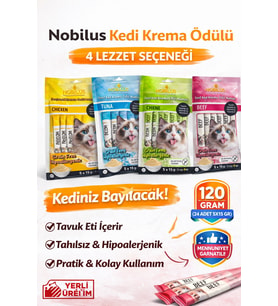 Kedi Krema Ödül Mama Çeşitleri, Kuzu + Tuna + Tavuk + Biftek 4 Paket Ödül
