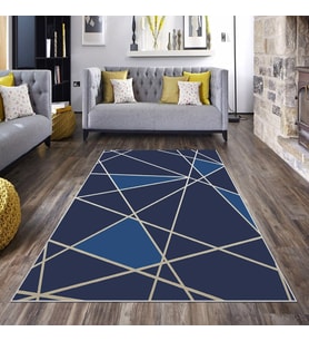 Mavi Geometrik Desen Beyaz Çizgi Yıkanabilir Kaymaz Taban Leke Tutmaz Modern Salon Halısı ve Yolluk