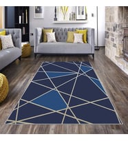 Mavi Geometrik Desen Beyaz Çizgi Yıkanabilir Kaymaz Taban Leke Tutmaz Modern Salon Halısı ve Yolluk