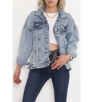 Kadın Düğmeli Cep Detaylı Oversize Kot Ceket Buz Mavi Denim Jean Ceket - 369.240.