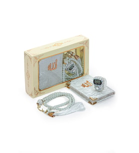 Taşlı Zikirmatik - Mini Kadife Yasin - İnci Tesbihli Hediyelik Set - Beyaz Renk